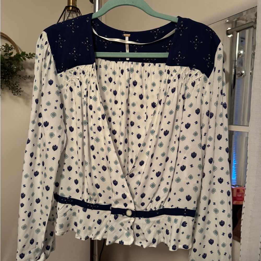 Free People White and Blue Long Sleeve Smocked Blouse with Ruffled Details